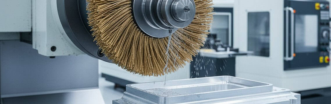 Industrial wheel brush deburring a machined metal component - C.E Brush